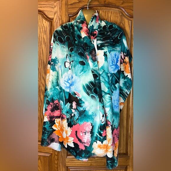 Peacock, Butterflies, and Flower Scarf 26” x 70” - Picture 2 of 6